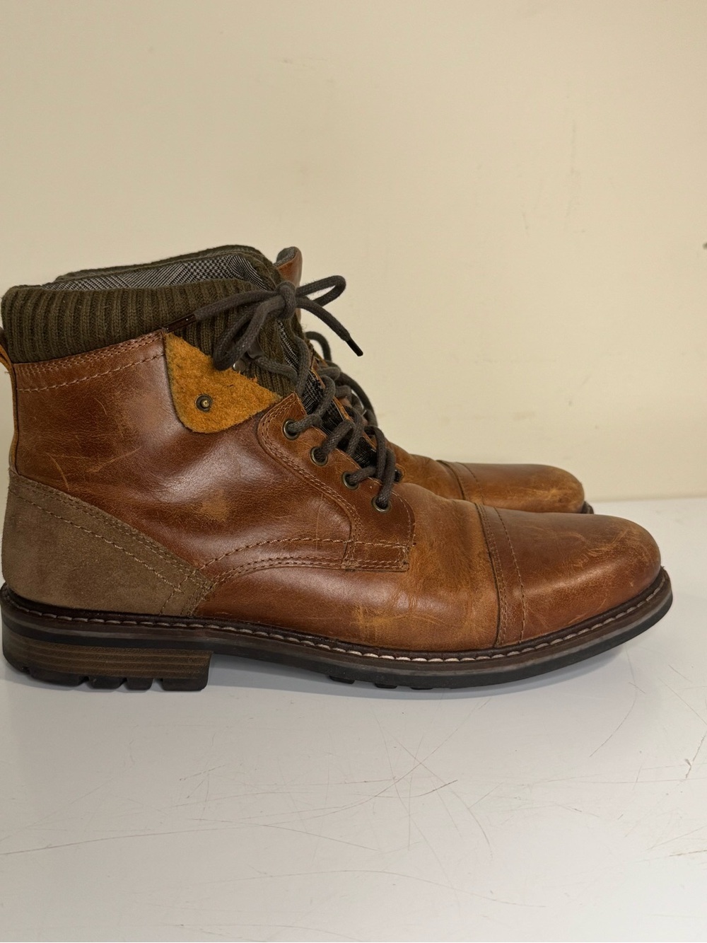 Crevo Men's Brown Leather Lace-Up Ankle Boots with Olive Ribbed Collar
